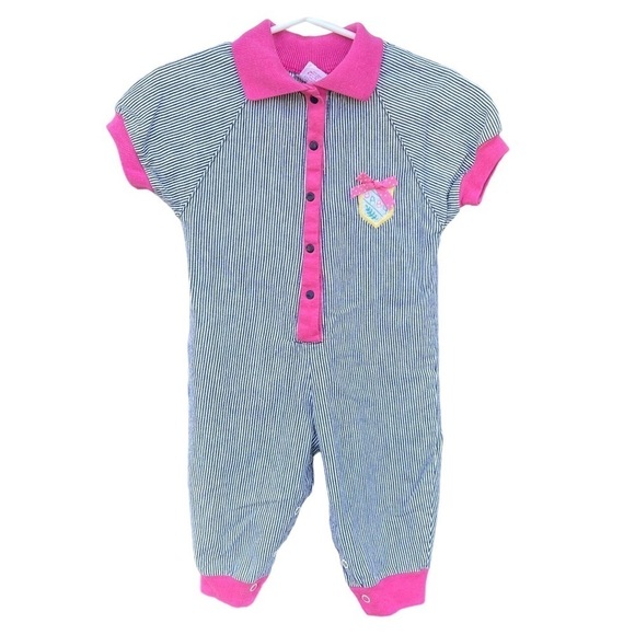 Vintage Buster Brown Stripe One Piece Jumpsuit Romper 12 Months Heart Crest Baby - Picture 1 of 14